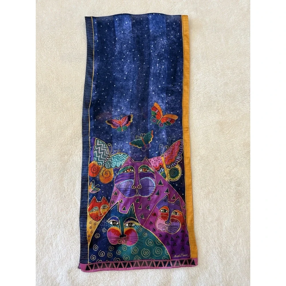 2015 Laurel Burch 100% Silk Scarf Indigo Cats & Butterflies 53x11 Wearable Art